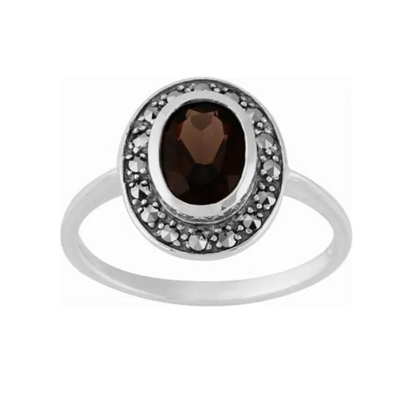 Art Deco Style Smokey Quartz & Marcasite Ring in 925 Sterling Silver sold by Gemondo Jewellery
