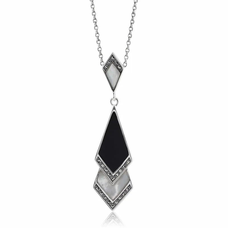 Art Deco Style Mother of Pearl, Black Onyx & Marcasite Pendant in 925 Sterling Silver sold by Gemondo Jewellery