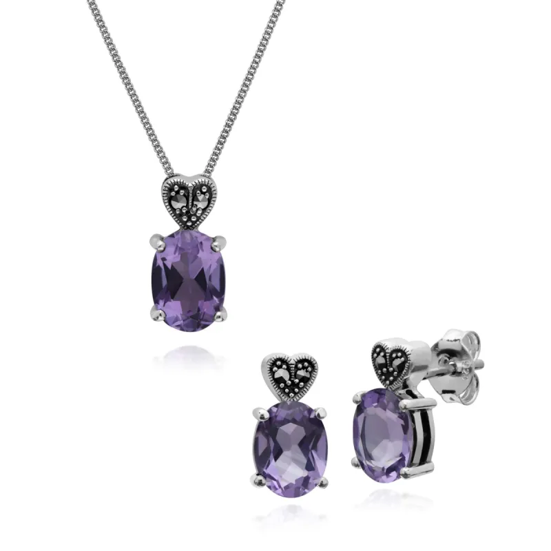 Art Deco Style Oval Amethyst & Marcasite Oval Stud Earrings & Necklace Set in 925 Sterling Silver sold by Gemondo Jewellery