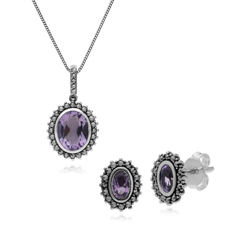 Art Deco Style Oval Amethyst & Marcasite Halo Stud Earrings & Pendant Set in 925 Sterling Silver sold by Gemondo Jewellery