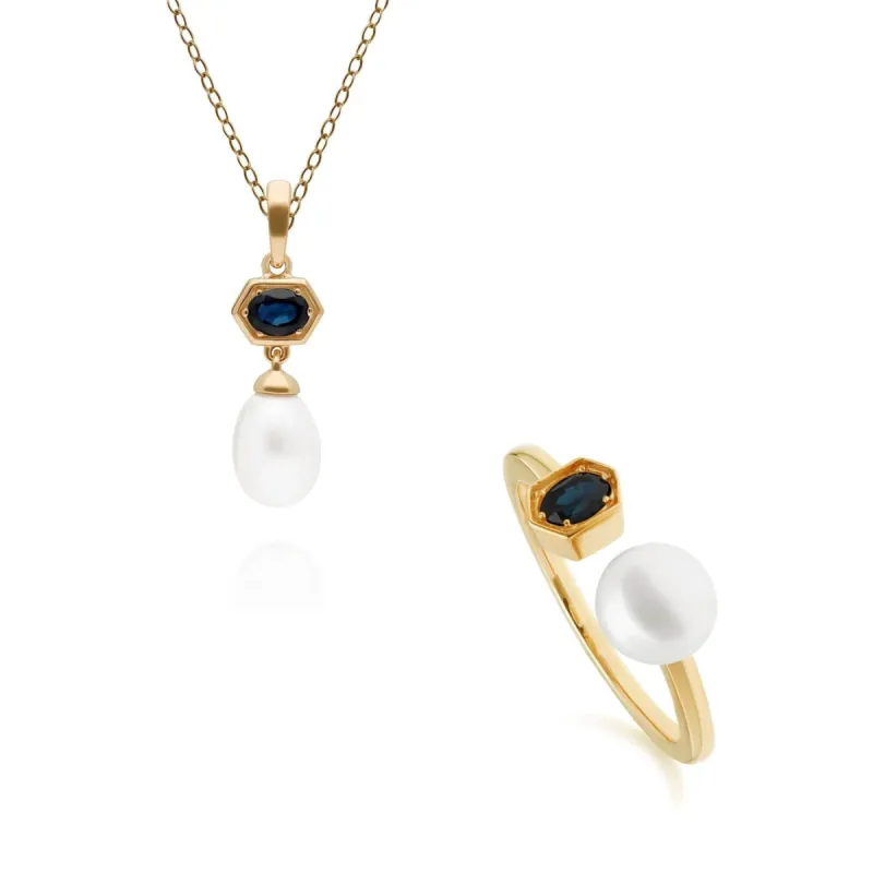 Modern Pearl & Sapphire Pendant & Ring Set in Gold Plated Silver sold by Gemondo Jewellery