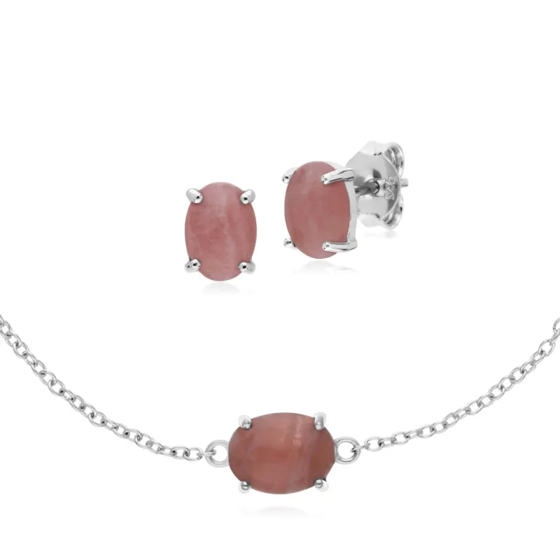 Classic Oval Rhodochrosite Stud Earrings & Bracelet Set in 925 Sterling Silver sold by Gemondo Jewellery