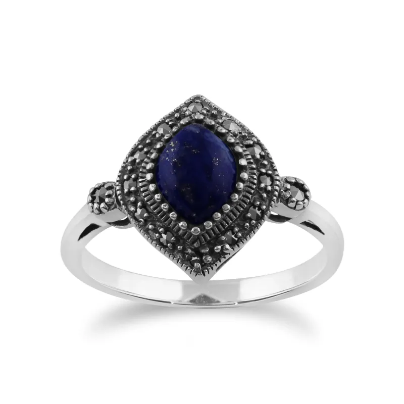 Gemondo 925 Sterling Silver 1.00ct Lapis Lazuli & Marcasite Art Deco Ring sold by Gemondo Jewellery