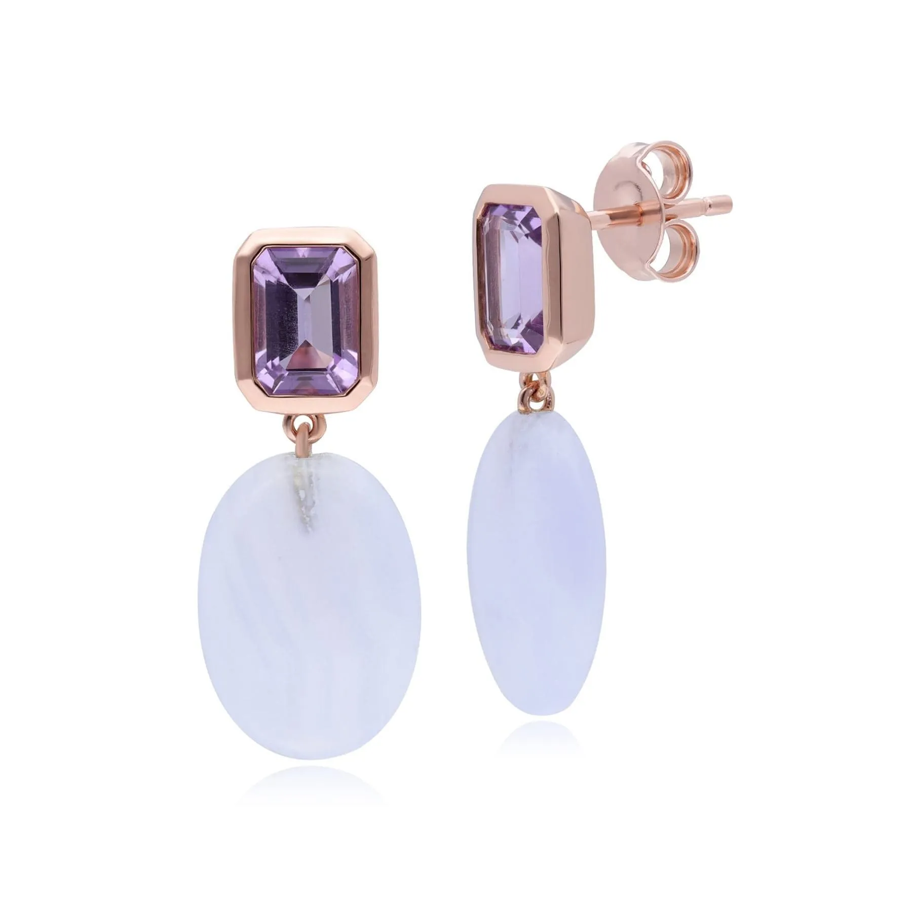 ECFEW™ Unifier Amethyst & Blue Lace Agate Drop Earrings In Rose Gold Plated Silver sold by Gemondo Jewellery