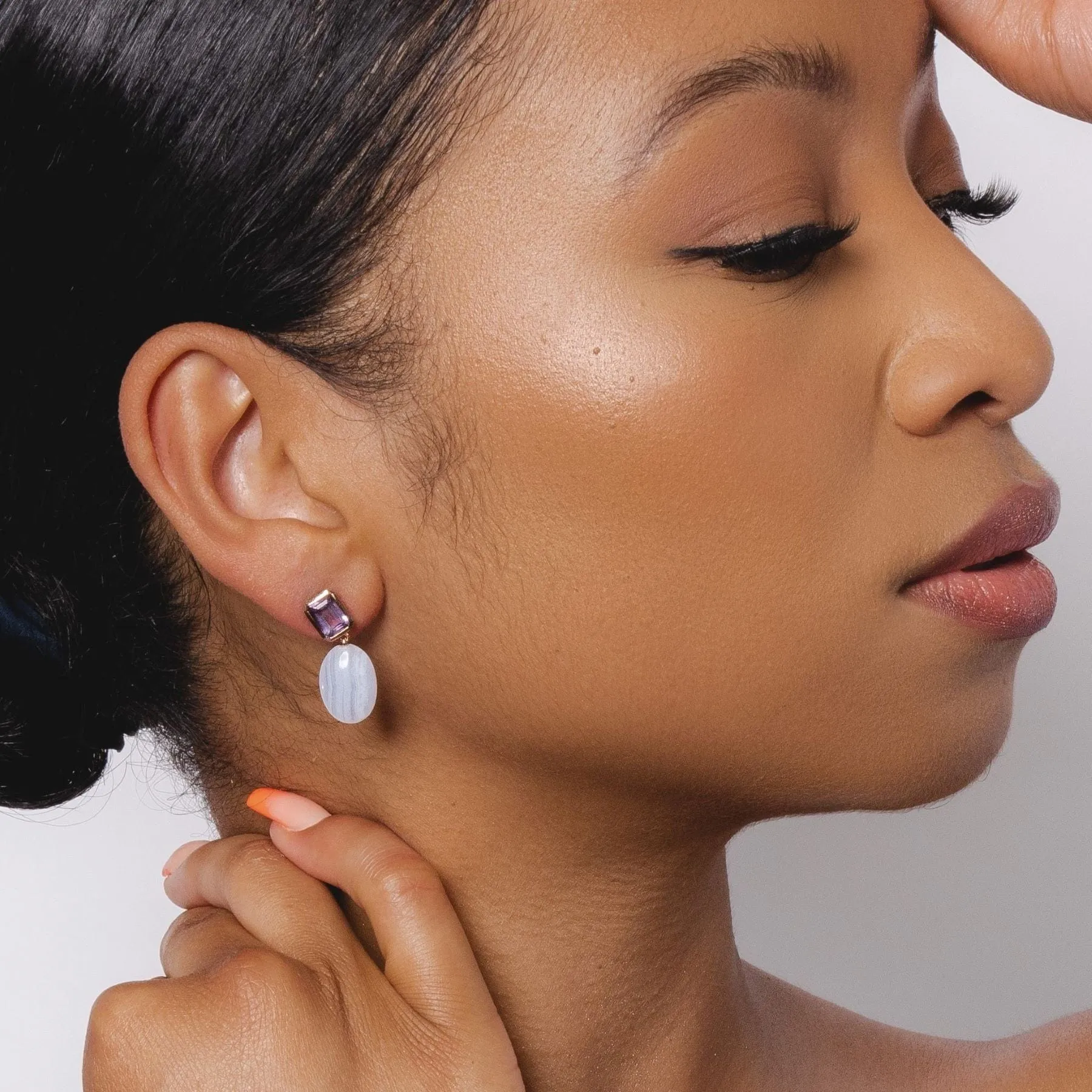 ECFEW™ Unifier Amethyst & Blue Lace Agate Drop Earrings In Rose Gold Plated Silver sold by Gemondo Jewellery product image thumbnail 3