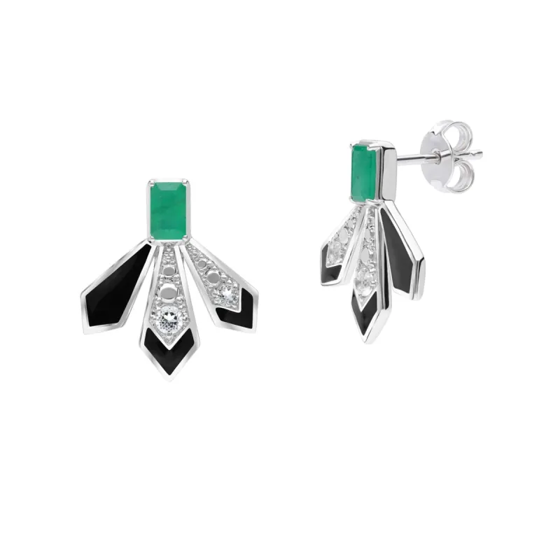 Grand Deco Emerald & White Topaz Fan Earrings In Sterling Silver sold by Gemondo Jewellery