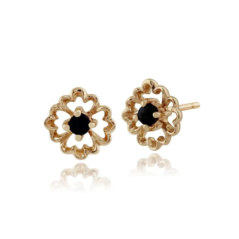 Floral Round Sapphire Stud Earrings in 9ct Yellow Gold sold by Gemondo Jewellery