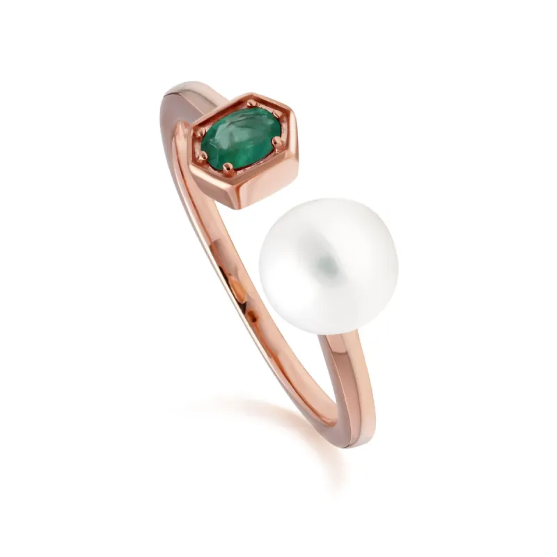 Modern Pearl & Emerald Open Ring in Rose Gold Plated Silver sold by Gemondo Jewellery