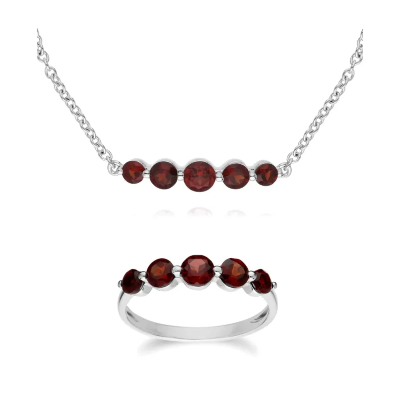 Classic Round Garnet Five Stone Bracelet &  Ring Set in 925 Sterling Silver sold by Gemondo Jewellery