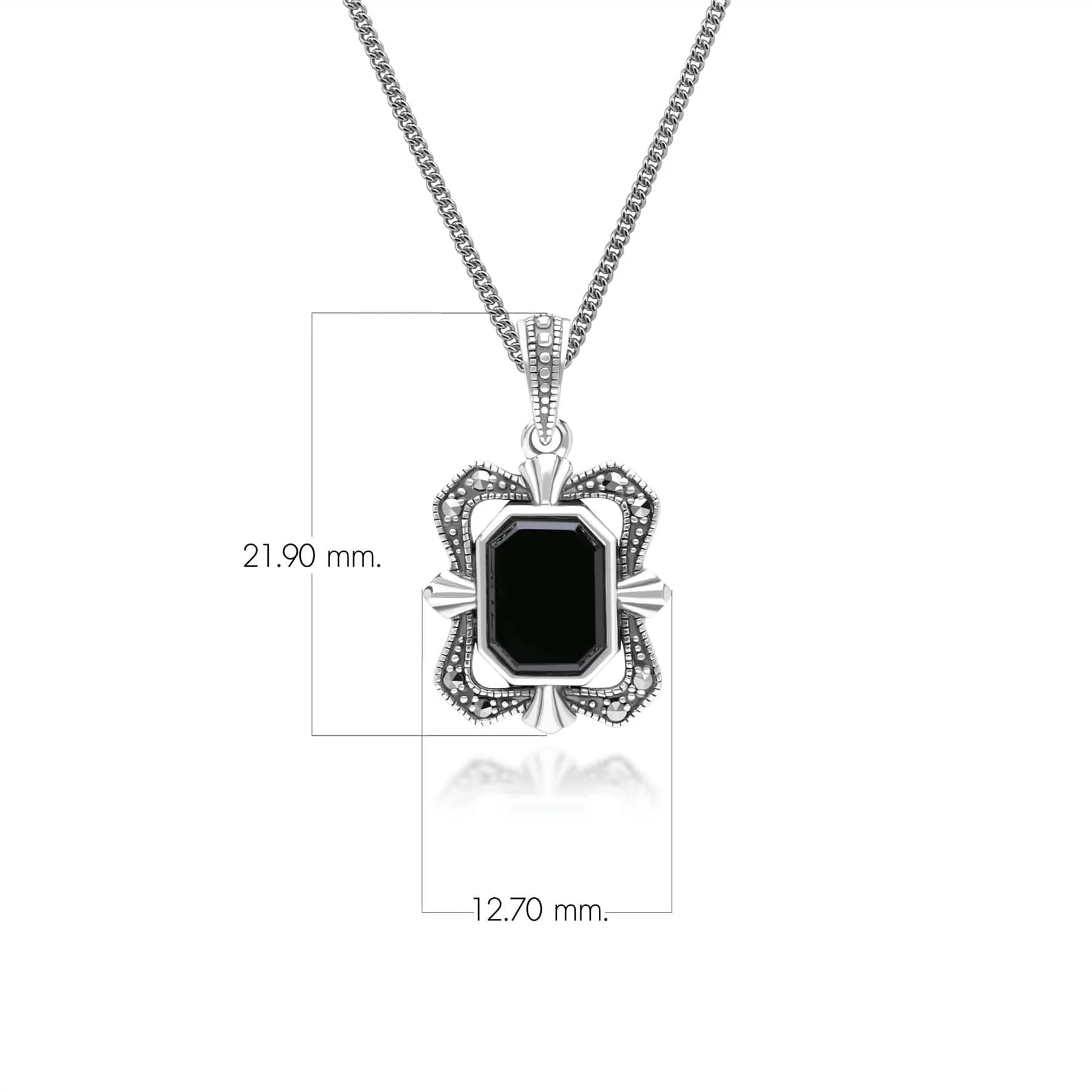 Art Deco Style Baguette Onyx and Marcasite Pendant Necklace in Sterling Silver sold by Gemondo Jewellery product image thumbnail 3