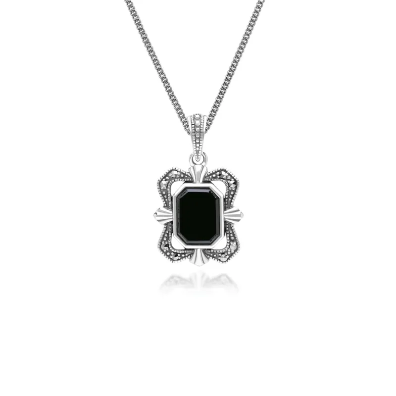 Art Deco Style Baguette Onyx and Marcasite Pendant Necklace in Sterling Silver sold by Gemondo Jewellery