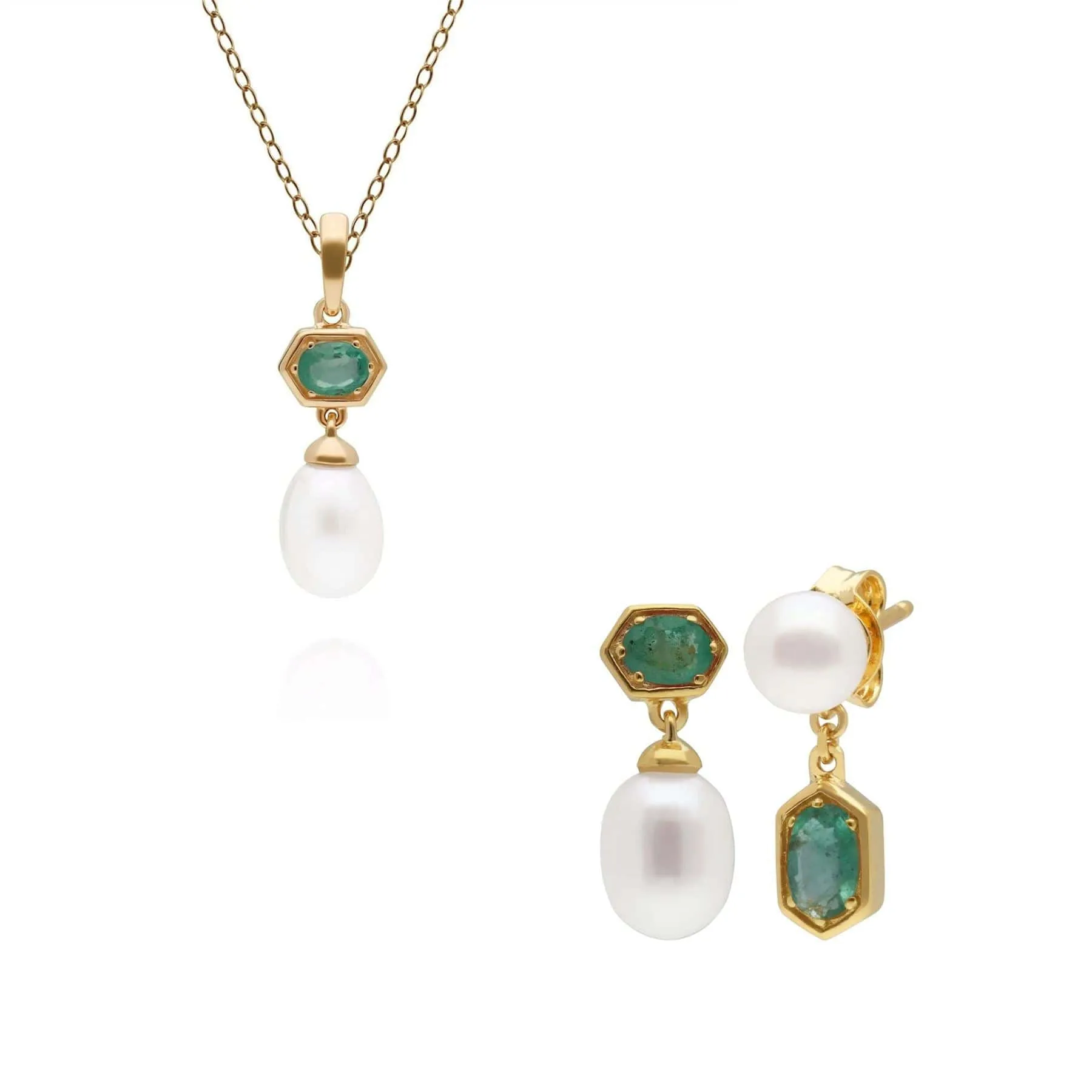 Modern Pearl & Emerald Pendant & Earring Set in Gold Plated Silver sold by Gemondo Jewellery
