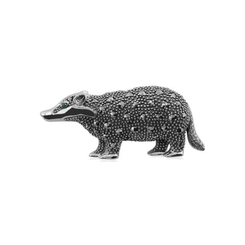 Marcasite & Emerald Badger Brooch in Sterling Silver sold by Gemondo Jewellery