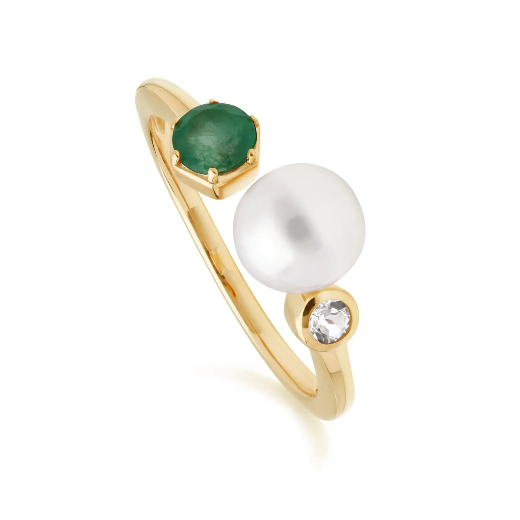 Modern Pearl, Emerald & Topaz Open Ring in Gold Plated Silver sold by Gemondo Jewellery
