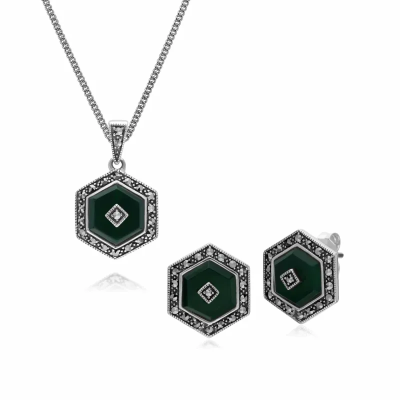 Art Deco Style Dyed Chalcedony and Marcasite Hexagon Stud Earrings & Pendant Set in 925 Sterling Silver sold by Gemondo Jewellery