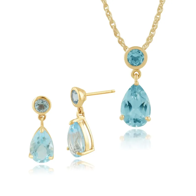 Classic Pear & Round Blue Topaz Drop Earrings & Pendant Set in 9ct Yellow Gold sold by Gemondo Jewellery