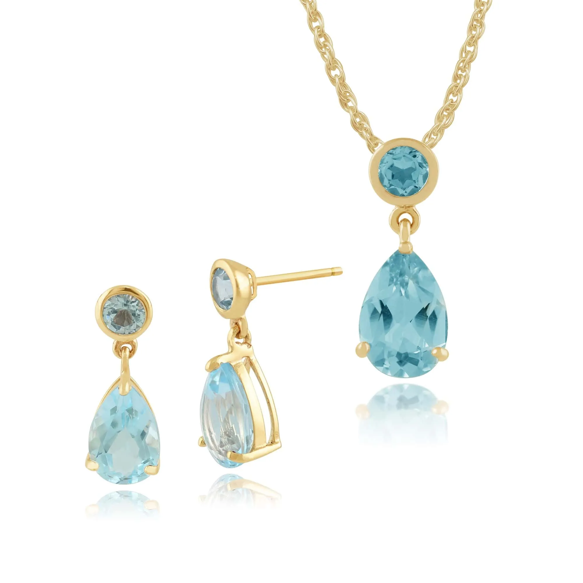 Classic Pear & Round Blue Topaz Drop Earrings & Pendant Set in 9ct Yellow Gold sold by Gemondo Jewellery