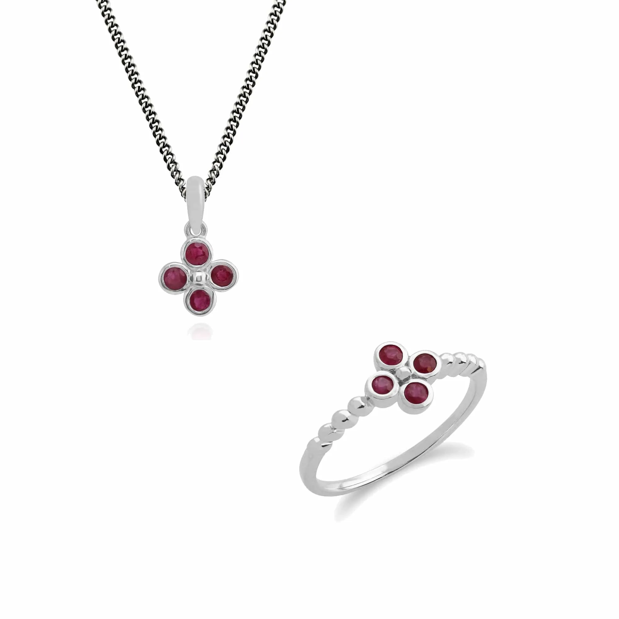 Floral Round Ruby Clover Pendant & Ring Set in 925 Sterling Silver sold by Gemondo Jewellery