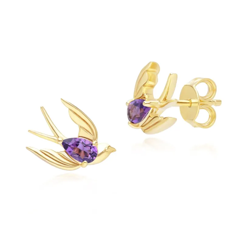 ECFEW™ Creator Amethyst Hummingbird Stud Earrings in Gold Plated Sterling Silver sold by Gemondo Jewellery