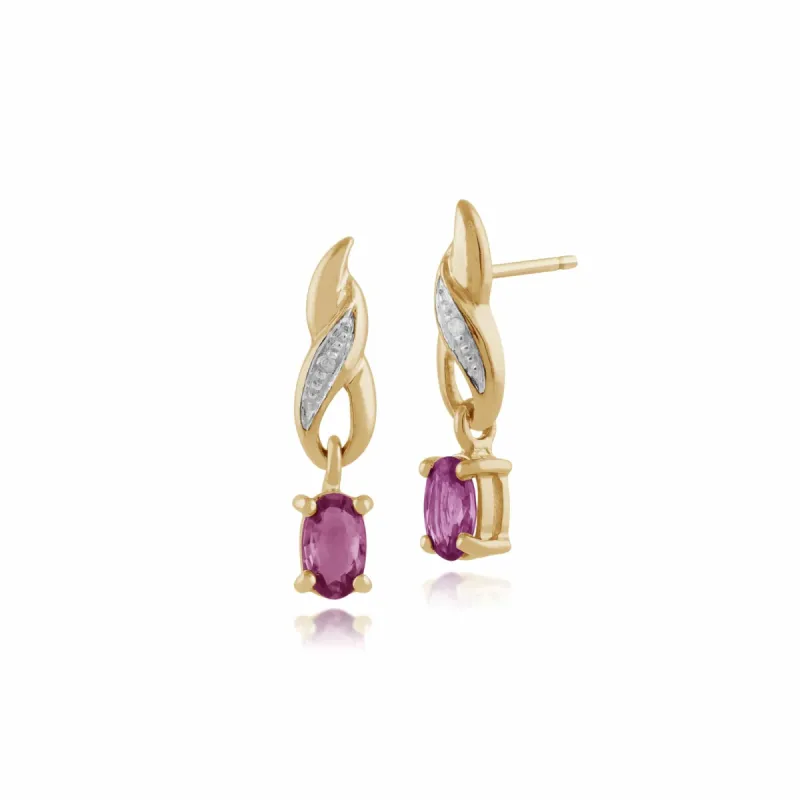 Classic Oval Pink Sapphire & Diamond Drop Earrings in 9ct Yellow Gold sold by Gemondo Jewellery