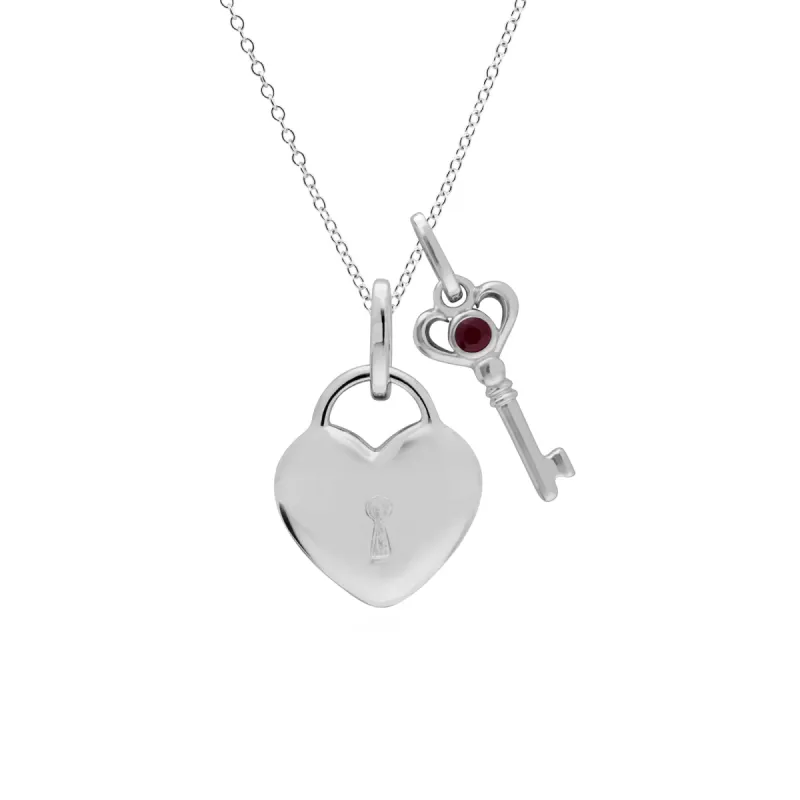 Classic Heart Lock Pendant & Ruby Key Charm in 925 Sterling Silver sold by Gemondo Jewellery