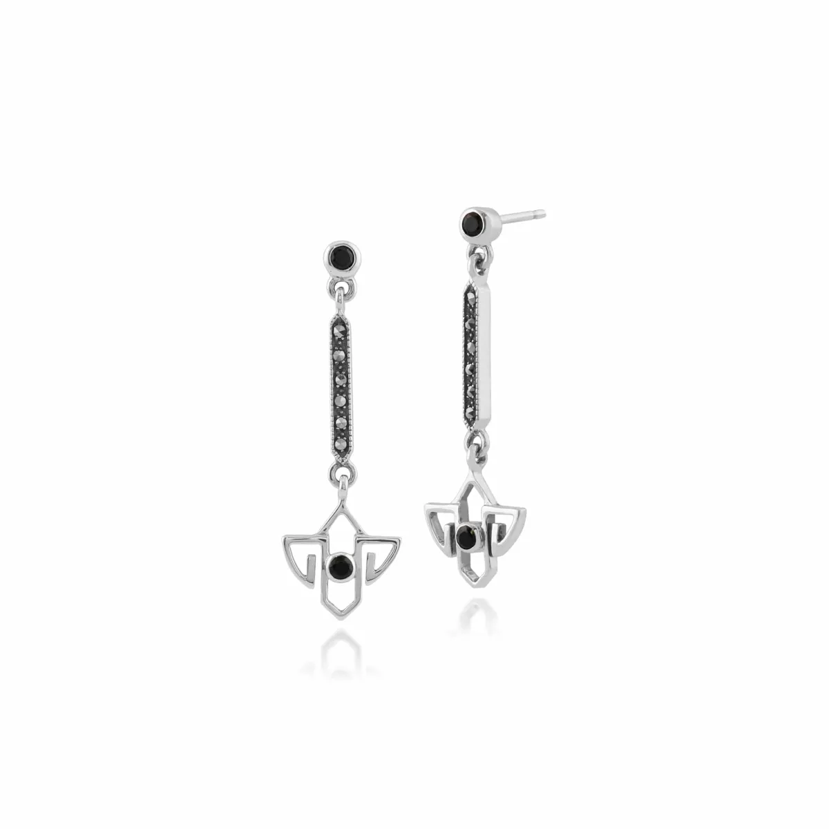 Art Deco Style Round Marcasite & Enamel Drop Earrings In 925 Sterling Silver 214e686901925