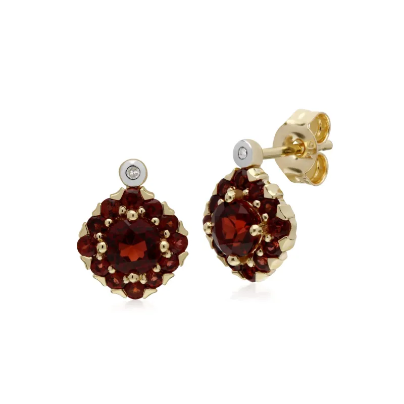 Gemondo 9ct Yellow Gold Garnet & Diamond Square Cluster Stud Earrings sold by Gemondo Jewellery