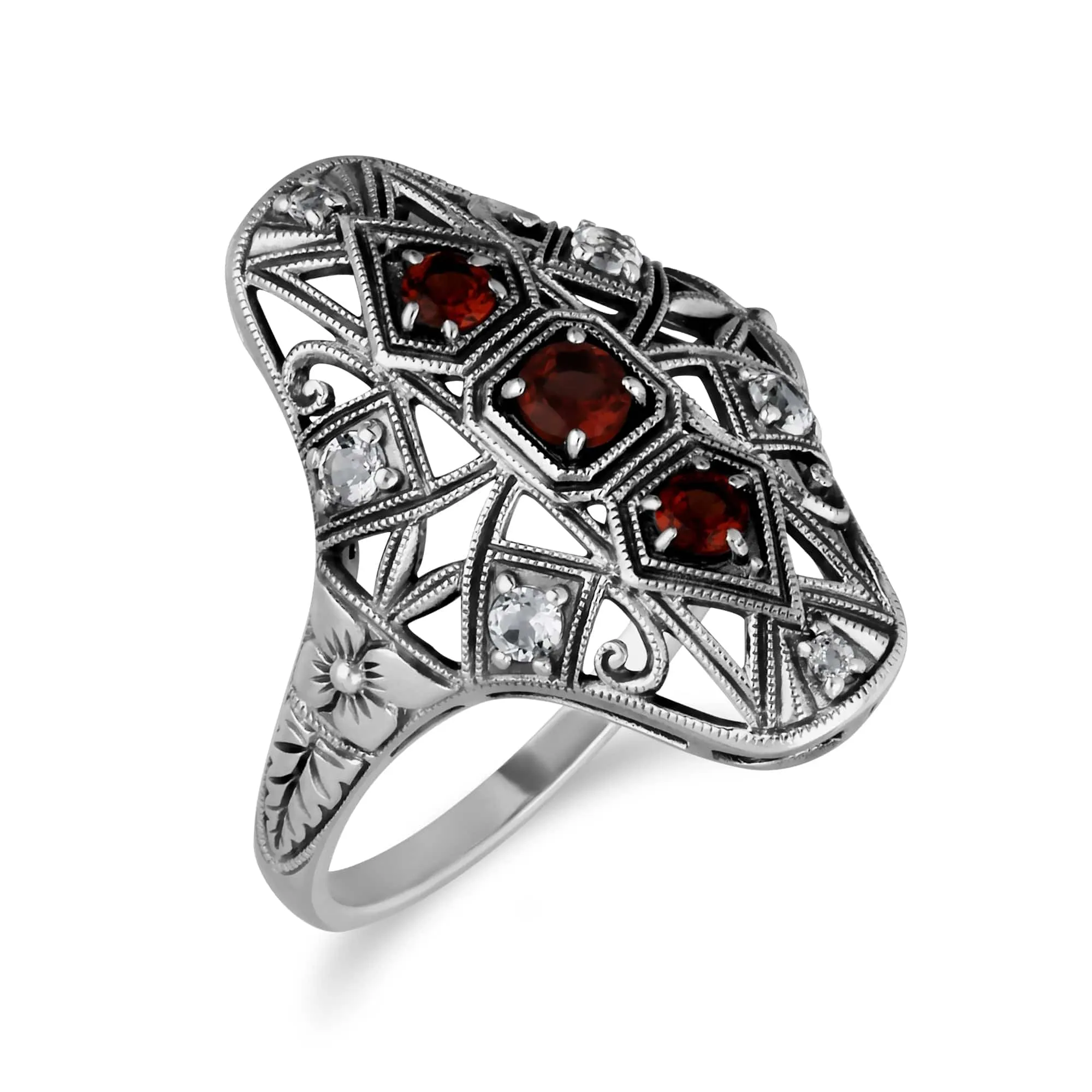 Art Nouveau Style Round Garnet & White Topaz Statement Ring in 925 Sterling Silver sold by Gemondo Jewellery product image thumbnail 2