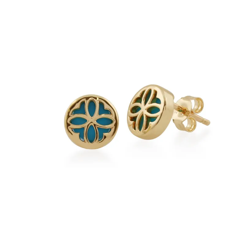 Art Nouveau Style Round Turquoise Floral Pattern Overlay Stud Earrings in 9ct Yellow Gold sold by Gemondo Jewellery