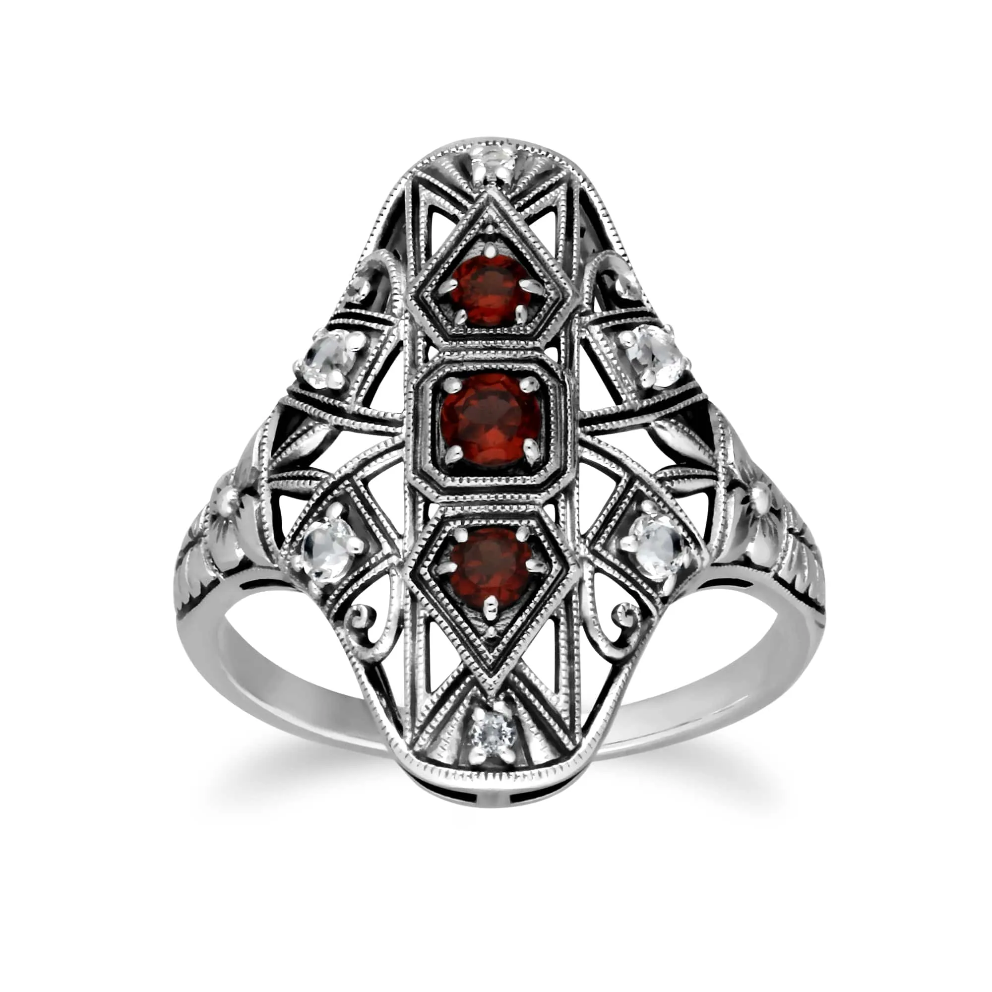 Art Nouveau Style Round Garnet & White Topaz Statement Ring in 925 Sterling Silver sold by Gemondo Jewellery
