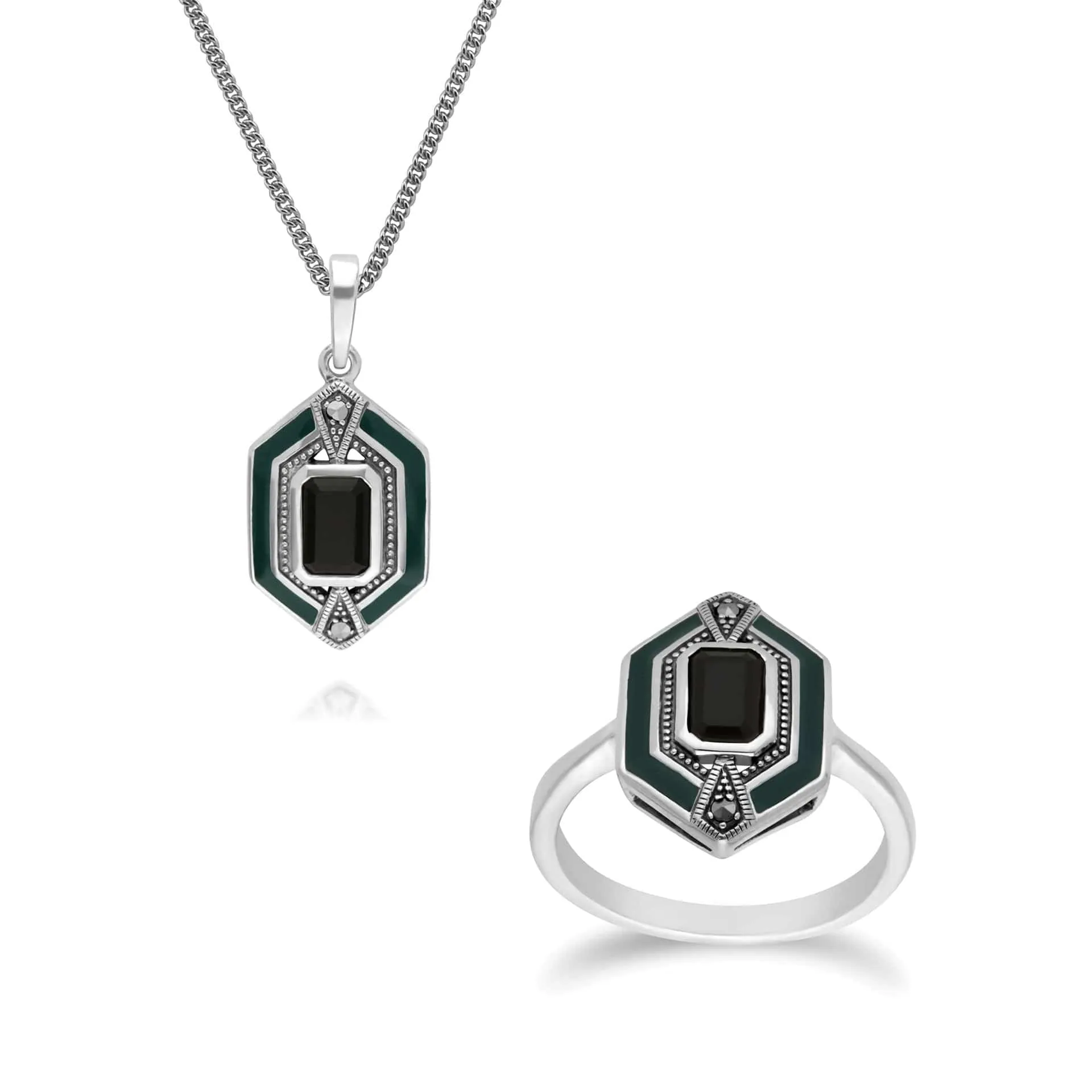 Art Deco Style Black Onyx, Marcasite & Green Enamel Hexagon Ring & Pendant Set in 925 Sterling Silver sold by Gemondo Jewellery
