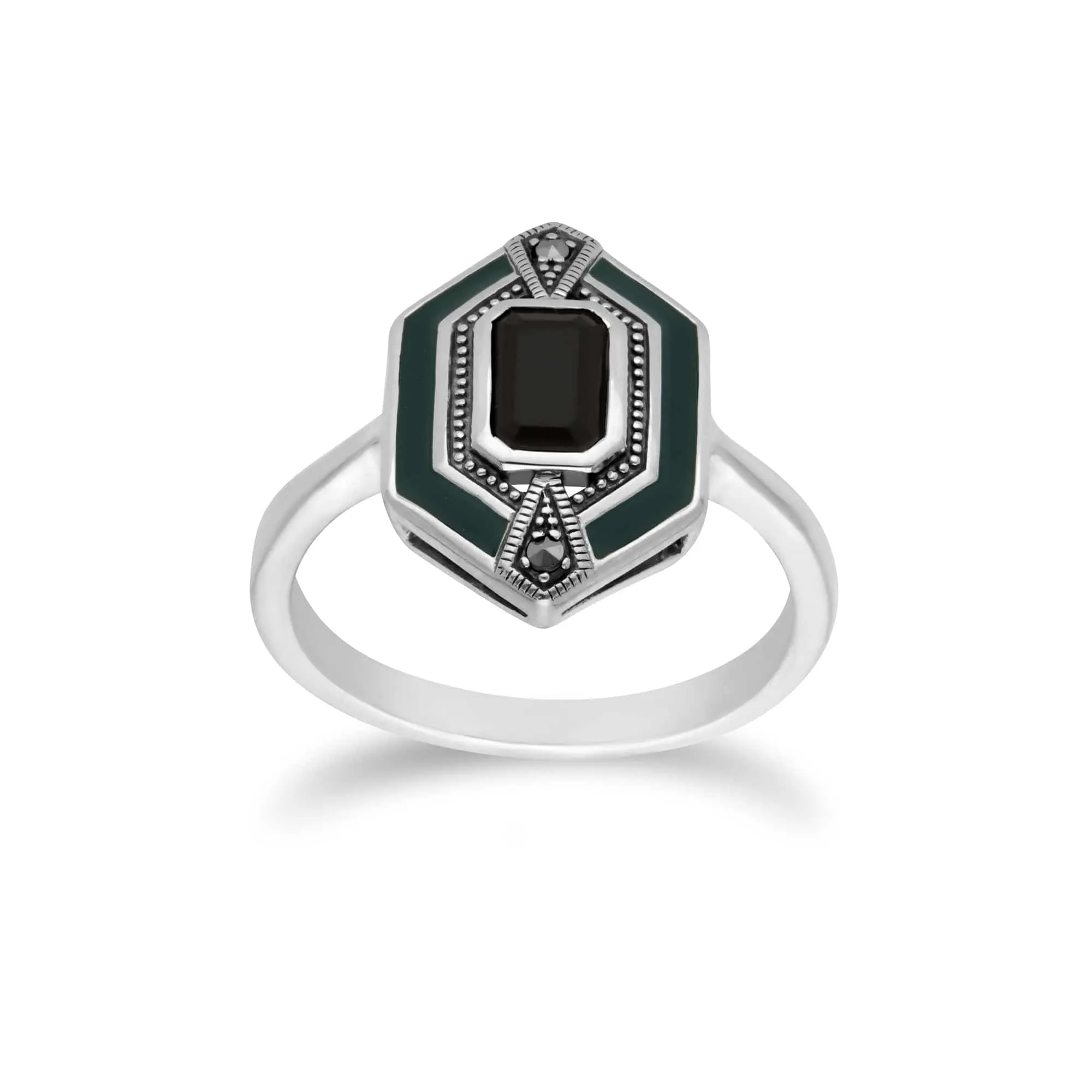 Art Deco Style Black Onyx, Marcasite & Green Enamel Hexagon Ring & Pendant Set in 925 Sterling Silver sold by Gemondo Jewellery product image thumbnail 3