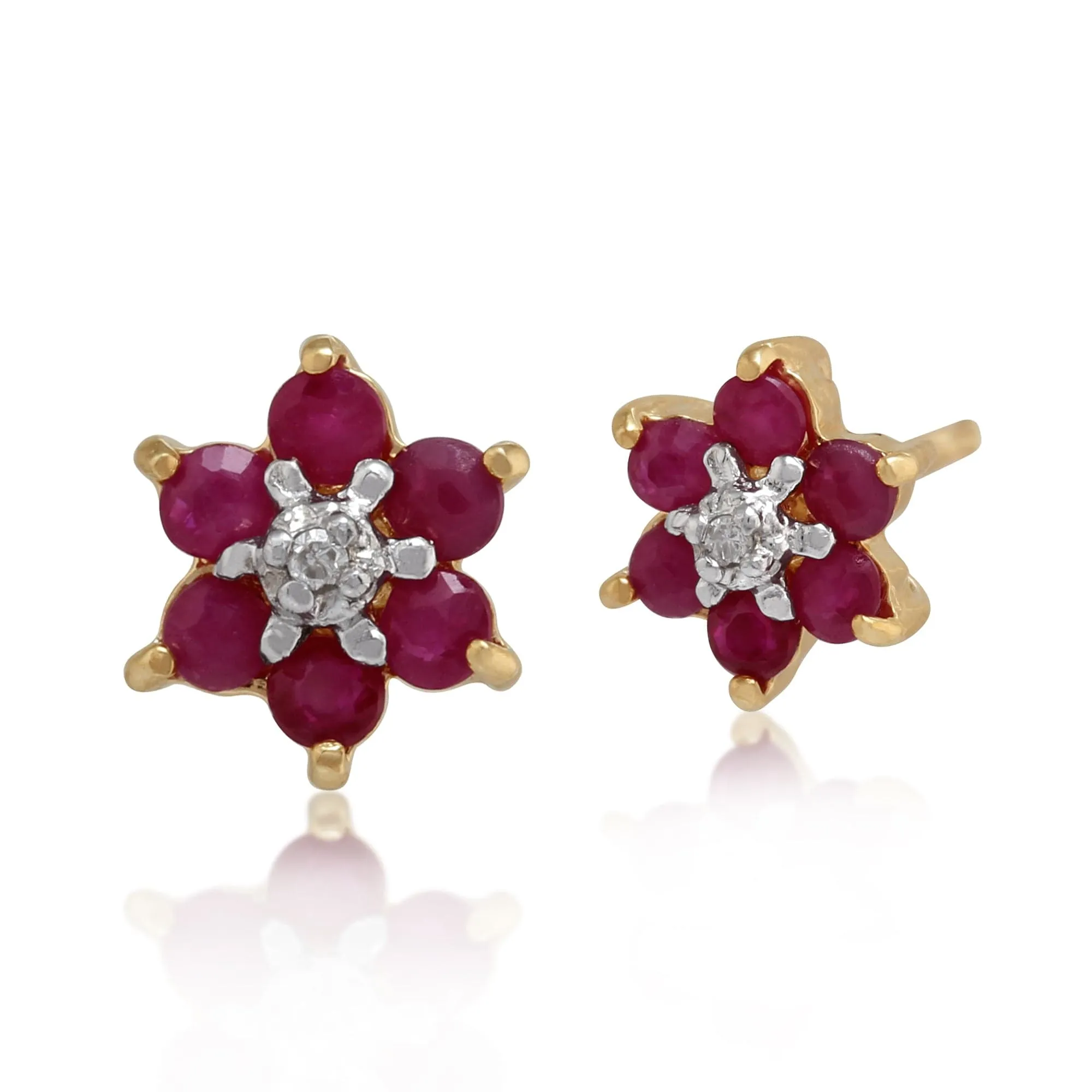 Floral Round Ruby & Diamond Cluster Stud Earrings in 9ct Yellow Gold sold by Gemondo Jewellery