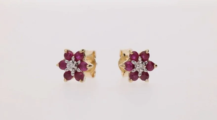 Floral Round Ruby & Diamond Cluster Stud Earrings in 9ct Yellow Gold sold by Gemondo Jewellery product image thumbnail 2