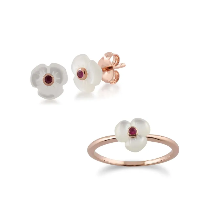 Floral Round Ruby & Mother of Pearl Poppy Stud Earrings & Ring Set in Rose Gold Plated 925 Sterling Silver sold by Gemondo Jewellery