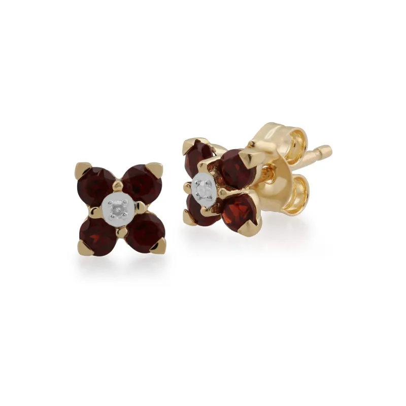 Gemondo 9ct Yellow Gold Garnet & Diamond Quatrefoil Stud Earrings sold by Gemondo Jewellery