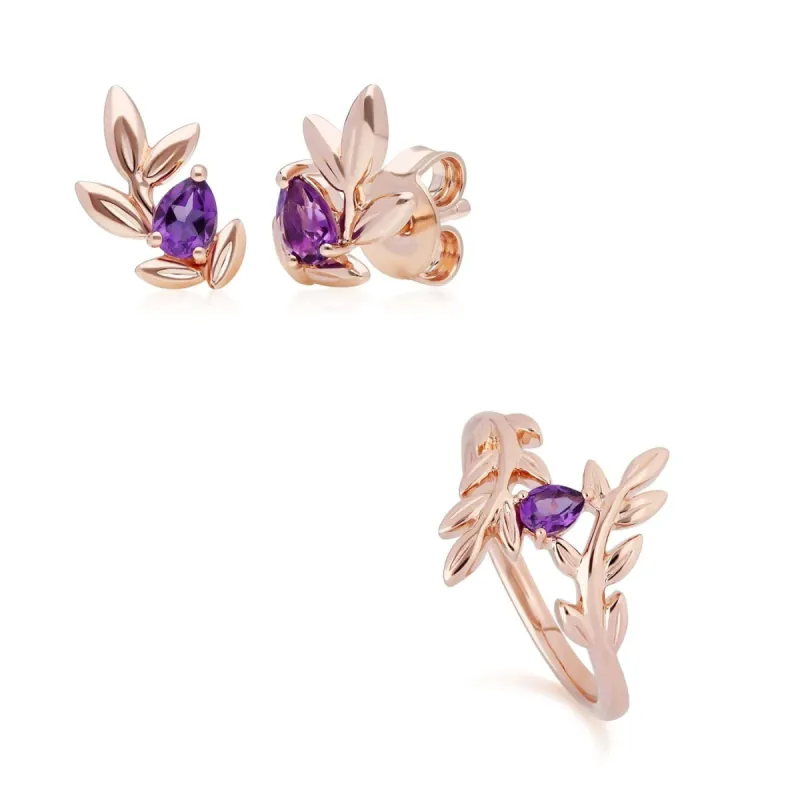 O Leaf Amethyst Stud Earring & Ring Set in 9ct Rose Gold sold by Gemondo Jewellery
