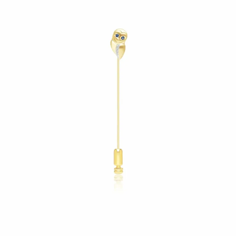 Gardenia Sapphire and White Sapphire Owl Lapel Pin in 9ct Yellow Gold sold by Gemondo Jewellery