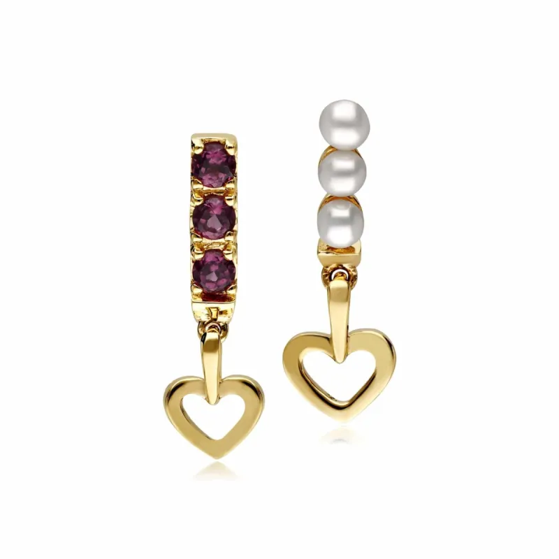Cultured Freshwater Pearl & Rhodolite Mismatched Heart Drop Earrings In 9ct Yellow Gold sold by Gemondo Jewellery