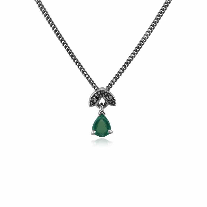 Art Nouveau Style Pear Emerald & Marcasite Pendant in 925 Sterling Silver sold by Gemondo Jewellery