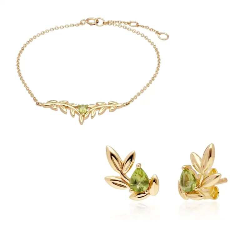 O Leaf Peridot Bracelet & Stud Earring Set in 9ct Yellow Gold sold by Gemondo Jewellery