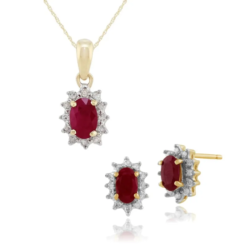 Classic Oval Ruby & Diamond Halo Stud Earrings & Pendant Set in 9ct Gold sold by Gemondo Jewellery