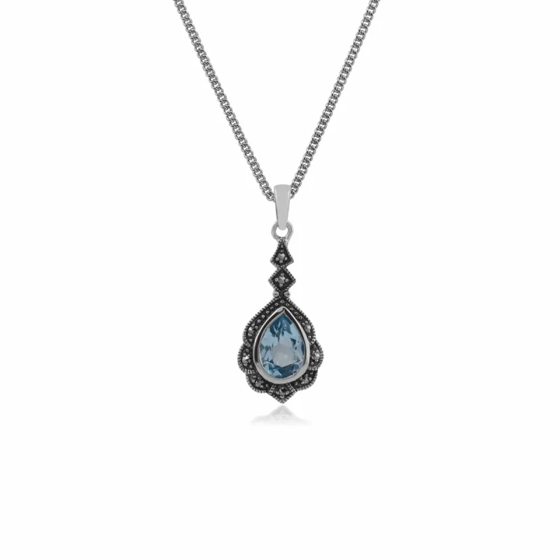 Art Nouveau Style Pear Blue Topaz & Marcasite Leaf Pendant in 925 Sterling Silver sold by Gemondo Jewellery