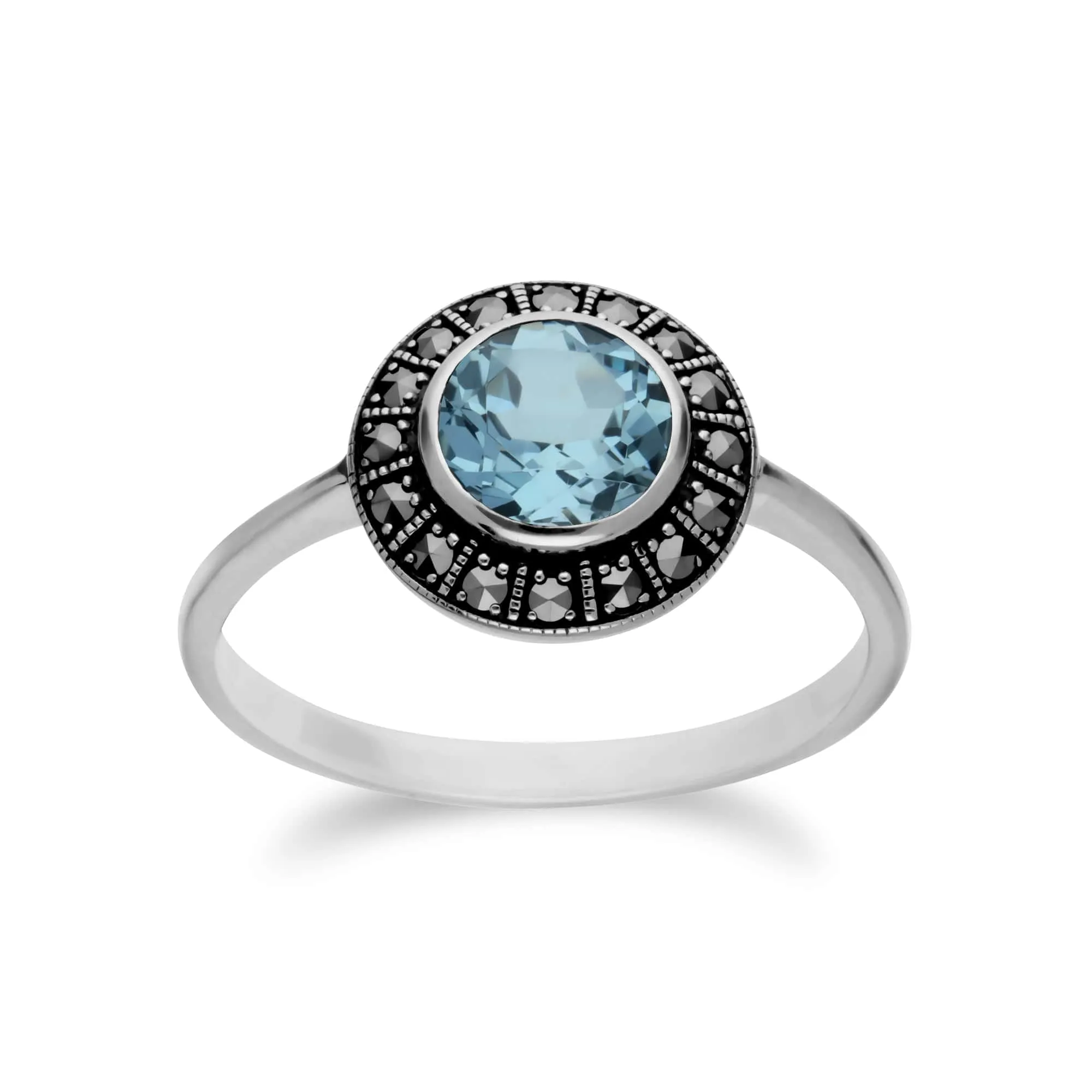 Art Deco Style Round Blue Topaz and Marcasite Cluster Silver Ring & Pendant Set sold by Gemondo Jewellery product image thumbnail 3