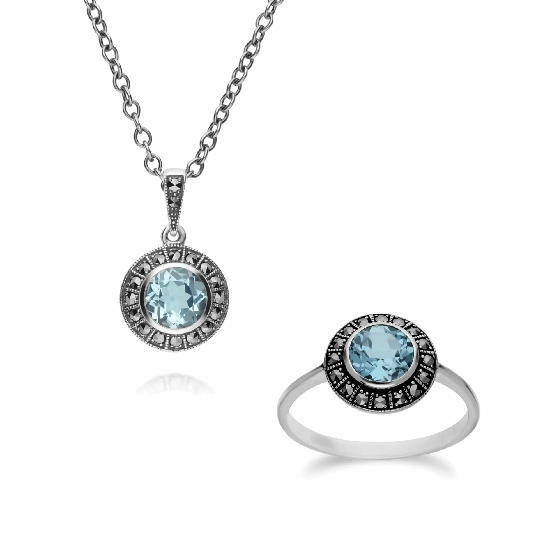 Art Deco Style Round Blue Topaz and Marcasite Cluster Silver Ring & Pendant Set sold by Gemondo Jewellery