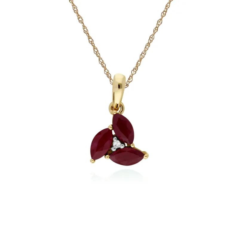 Floral Marquise Ruby & Diamond Cluster Pendant in 9ct Yellow Gold sold by Gemondo Jewellery