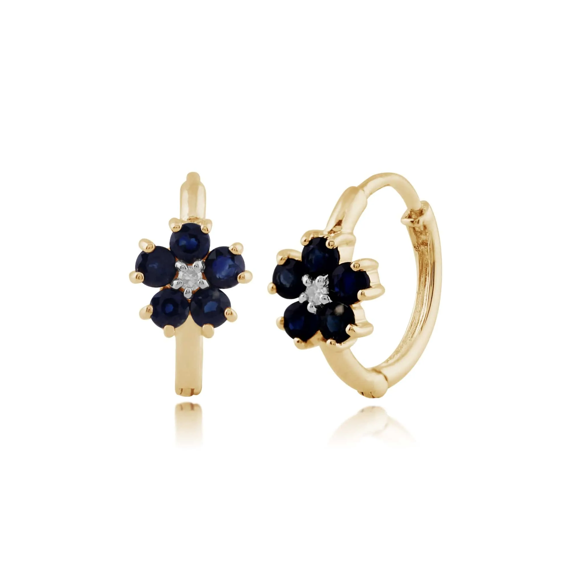 Floral Round Sapphire & Diamond Hoop Earrings in 9ct Yellow Gold sold by Gemondo Jewellery