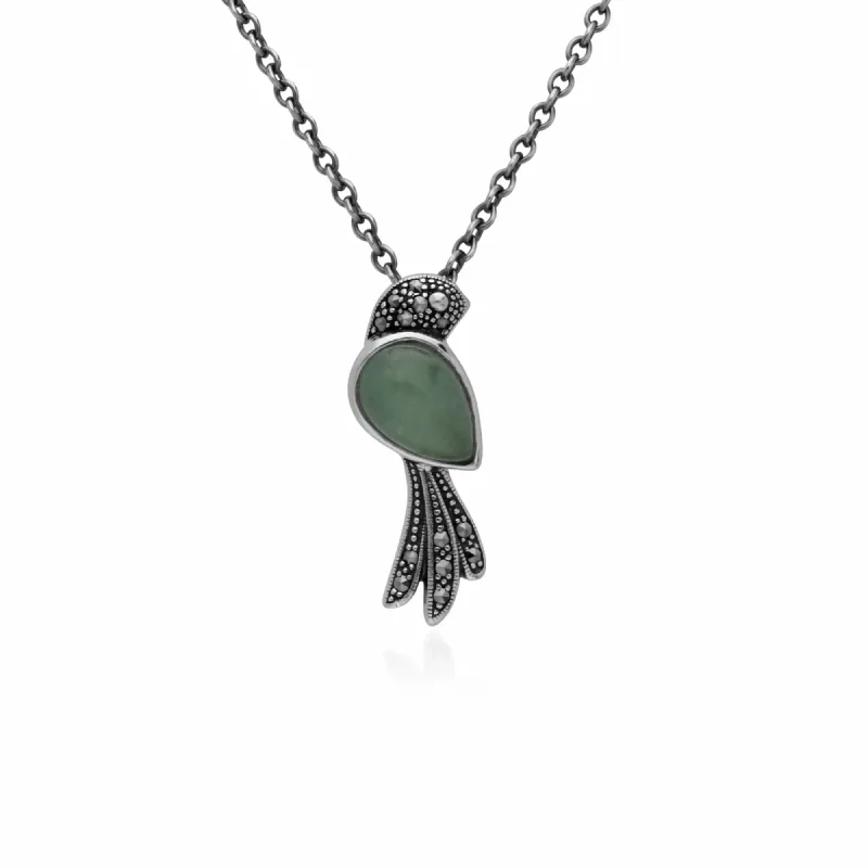 Classic Pear Green Jade & Marcasite Bird Necklace in 925 Sterling Silver made by Gemondo Jewellery