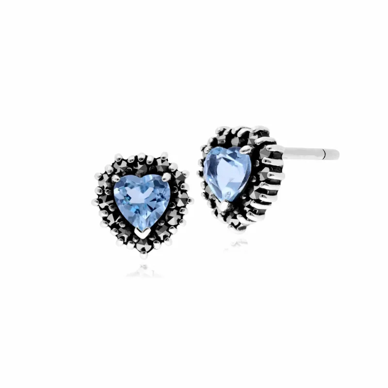 Classic Heart Blue Topaz & Marcasite Halo Heart Stud Earrings in 925 Sterling Silver sold by Gemondo Jewellery
