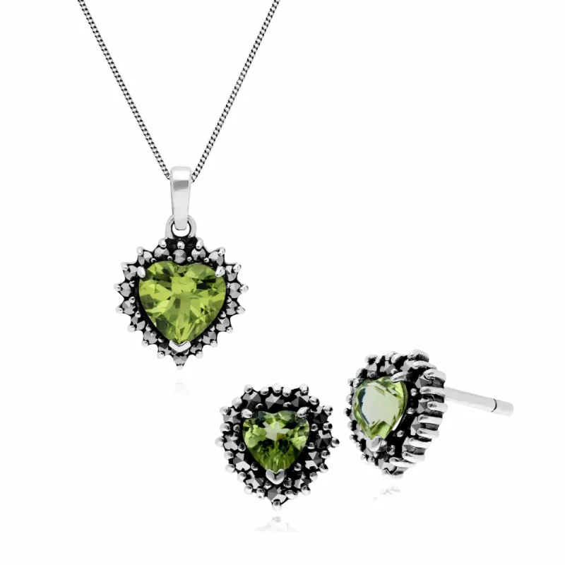 Art Deco Style Peridot & Marcasite Heart Stud Earrings & Necklace Set in 925 Sterling Silver sold by Gemondo Jewellery